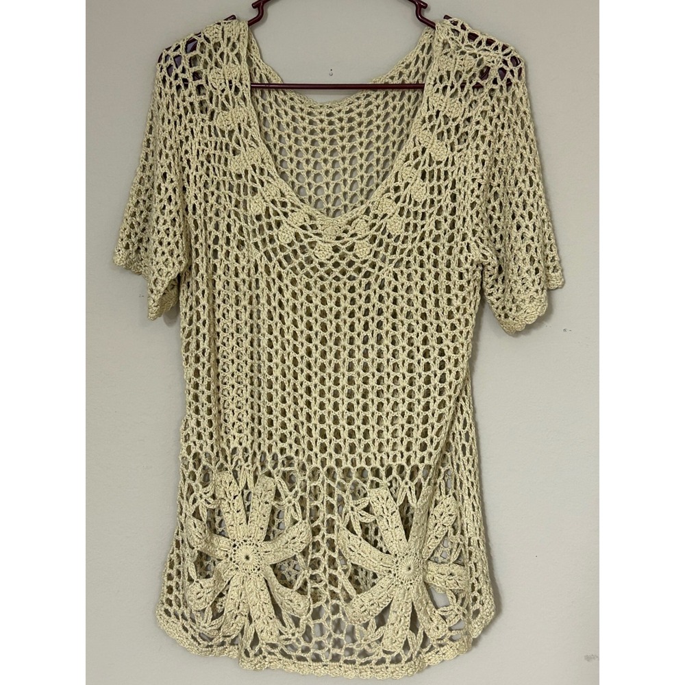 Boho Beige Crochet Knit Floral Medallion V-Neck Short Sleeve Top Cover Up